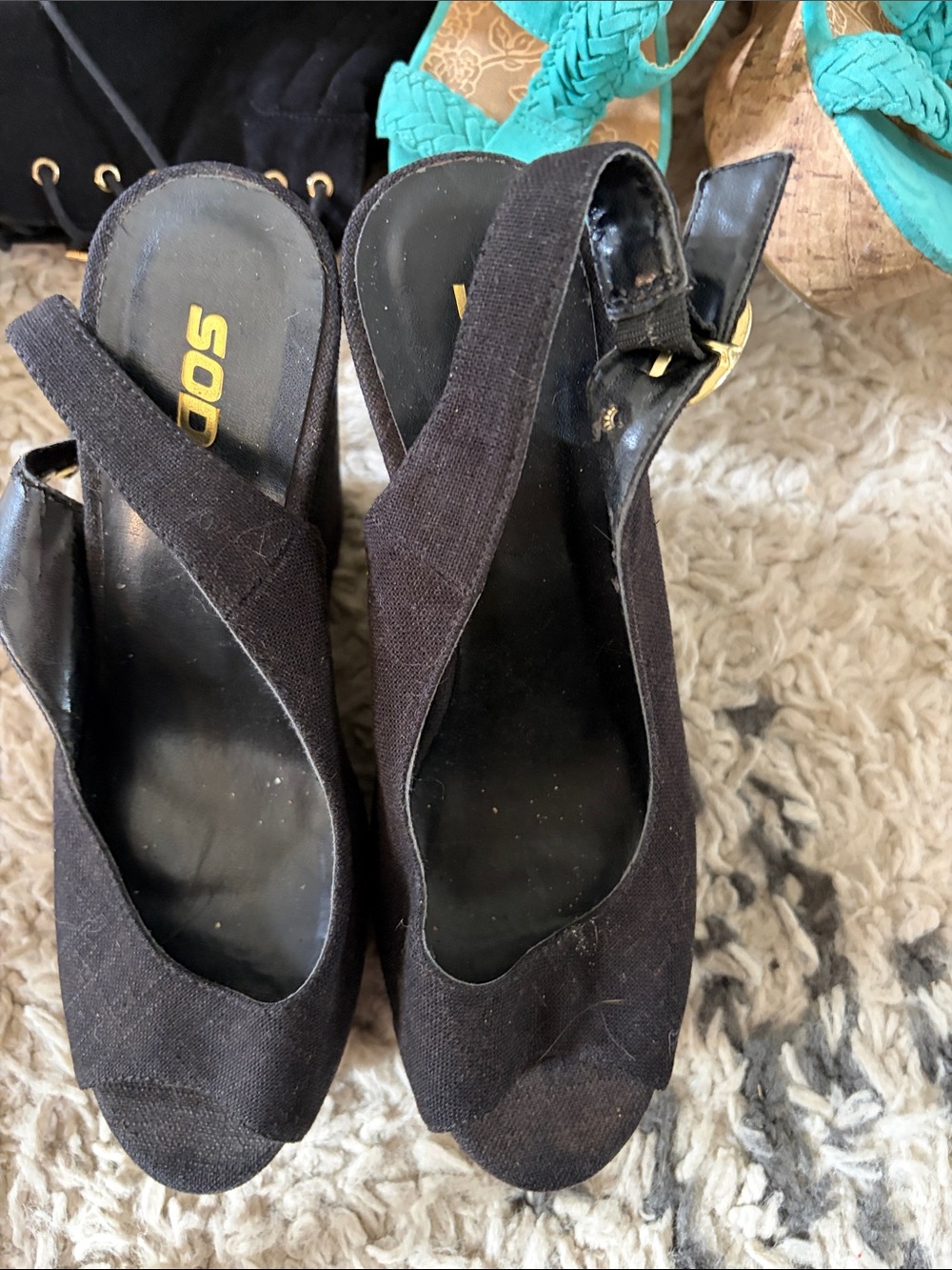 Soda Black Fabric Slingback Peep-Toe Wedges